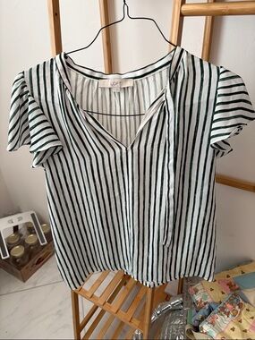 LOFT White and Green Vertical Stripe Tie-Neck Blouse